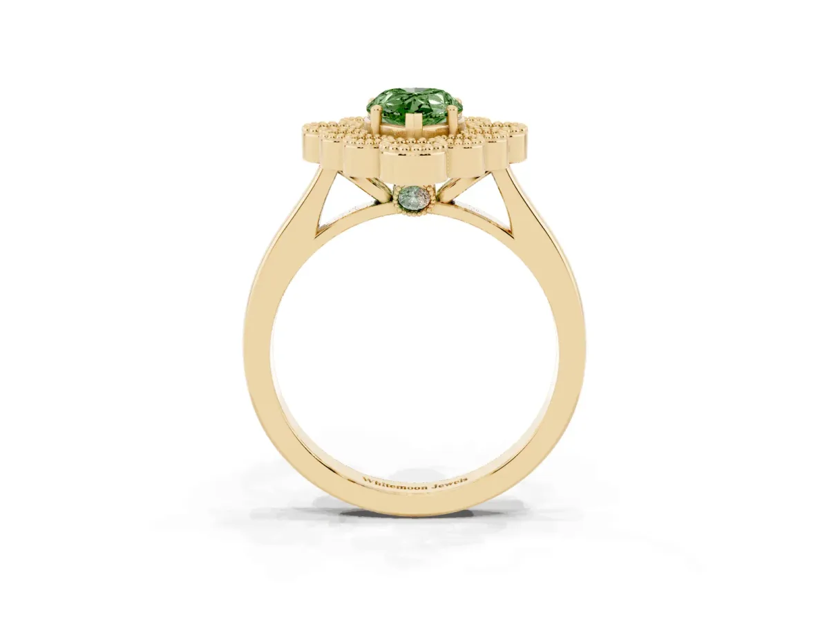 Fancy Green Pear Cut Halo Diamond Cluster Engagement Ring with Milgrain Bezel Setting and Solitaire Band Yellow gold