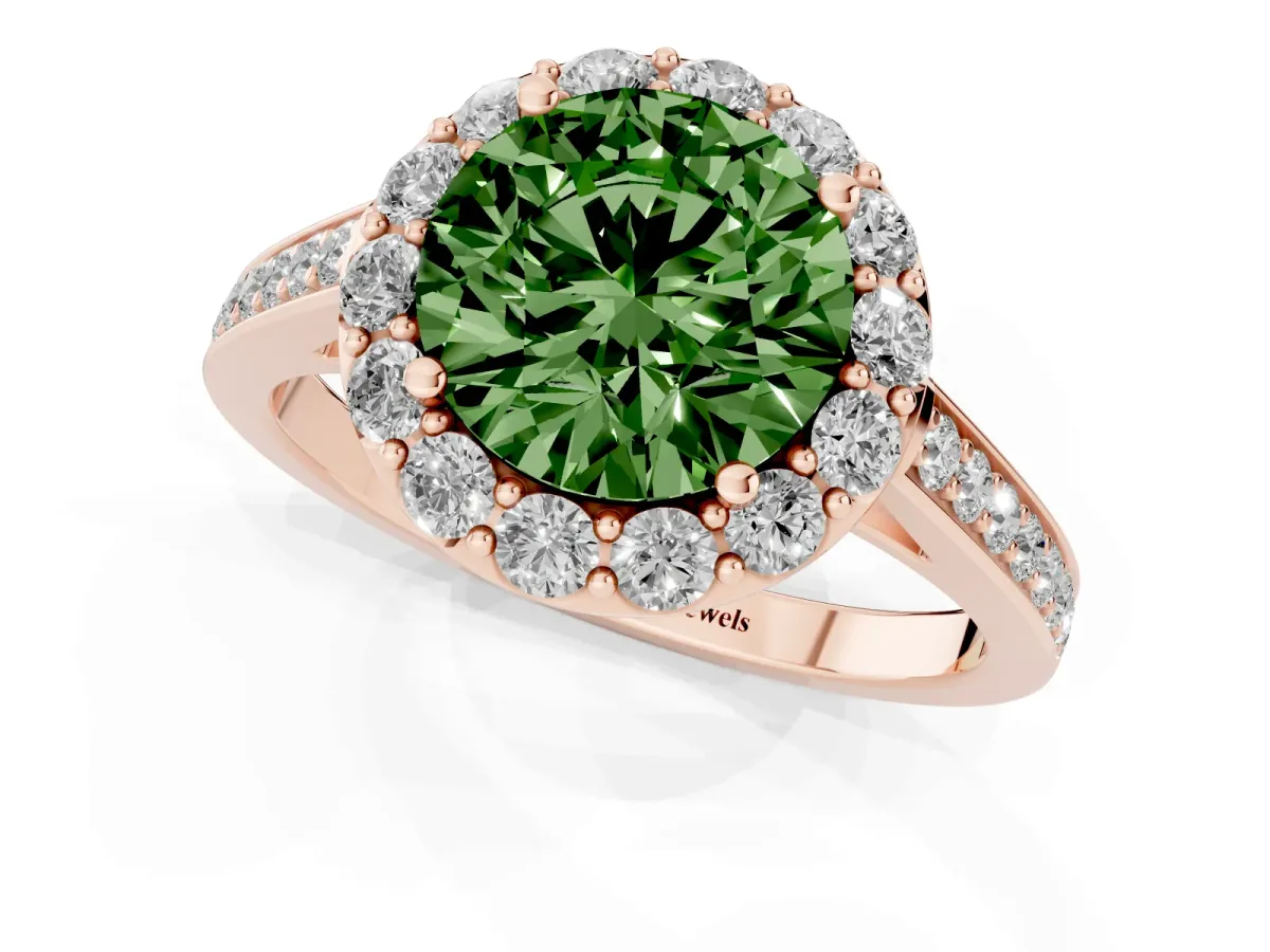 Fancy Green Round Cut Diamond Floral Halo Ring with Pavé Band and Prong Setting Rose gold