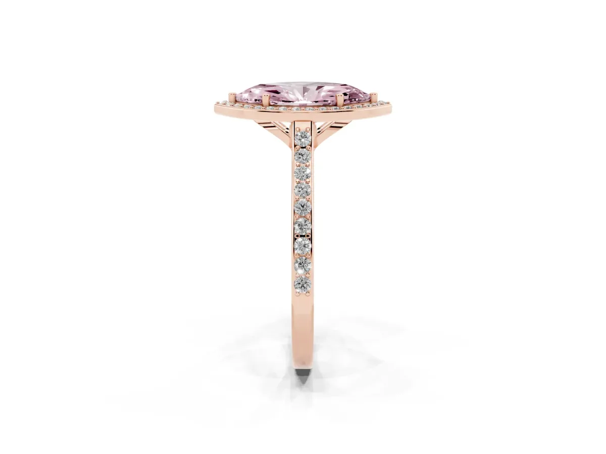 Fancy Pink Marquise Cut Diamond Halo Engagement Ring with Round Pavé Shoulders and Prong Setting Rose gold