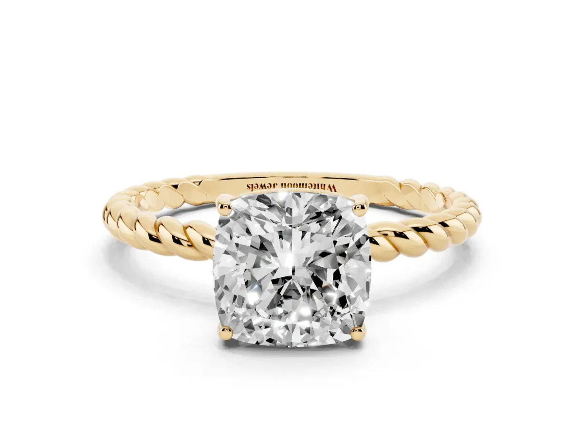 Cushion Cut Solitaire Twist Band Ring with Four-Prong Setting Yellow gold