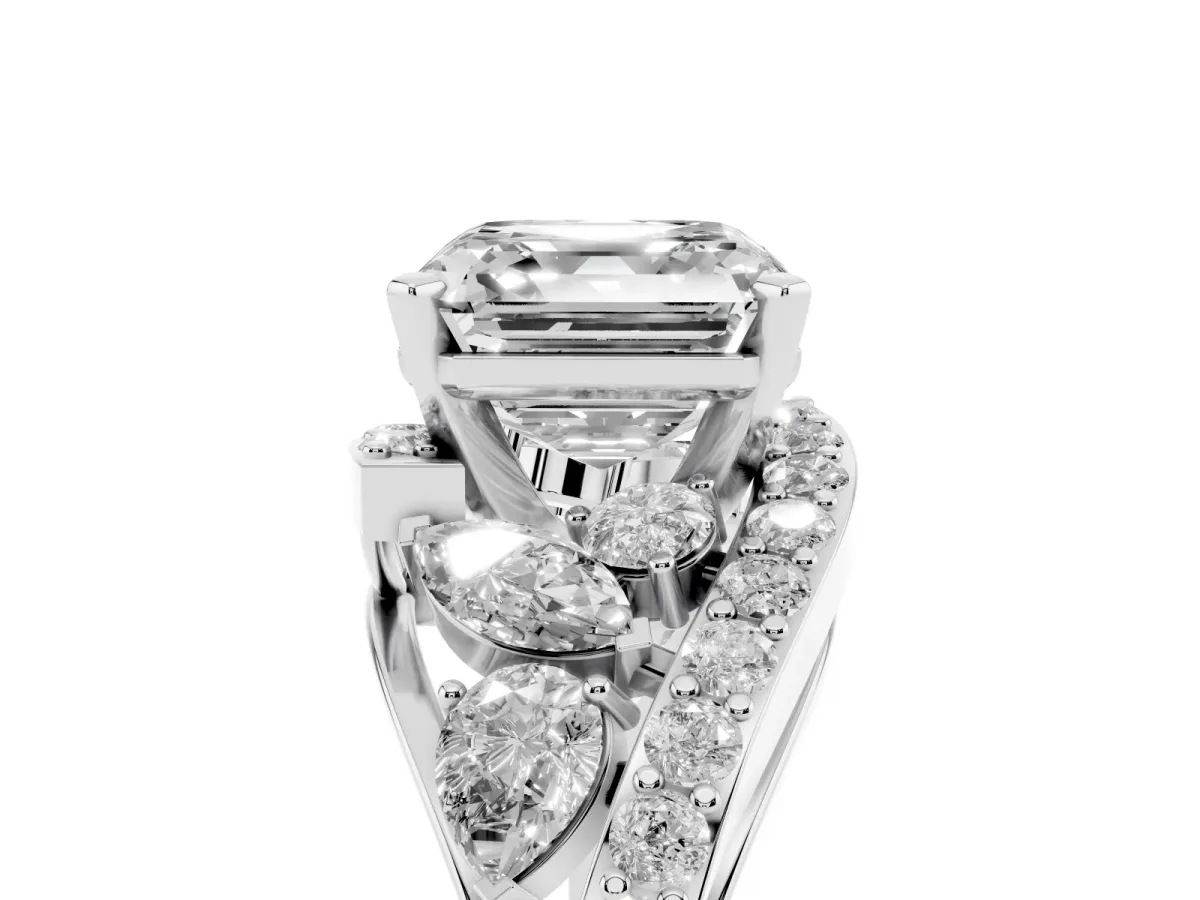 Asscher Cut Diamond Halo Ring with Marquise and Pavé Band in Prong Setting Platinum