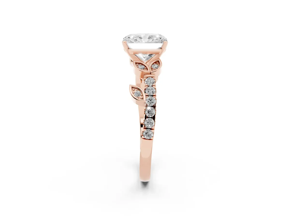 Radiant Cut Solitaire Leaf-Inspired Diamond Ring with Pavé Band and Four-Prong Setting Rose gold