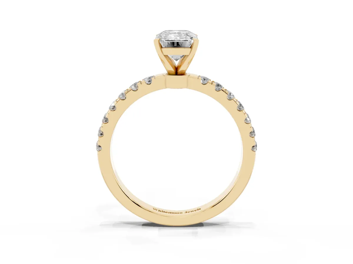 Emerald Cut Diamond Solitaire Ring with Pavé Accents and Four-Prong Setting Yellow gold