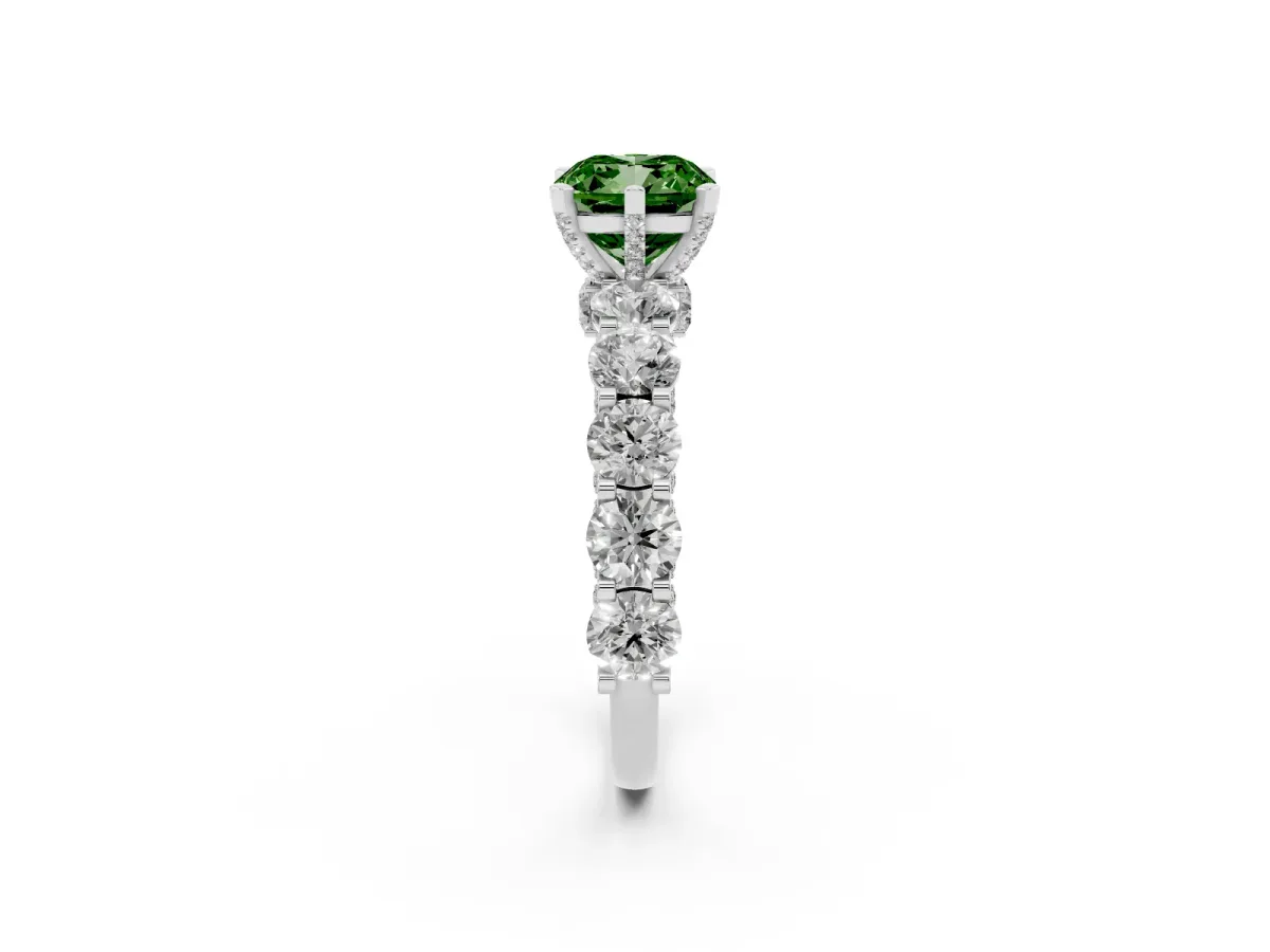 Fancy Green Cushion Cut Diamond Side Stone Engagement Ring with Four-Prong Setting Platinum