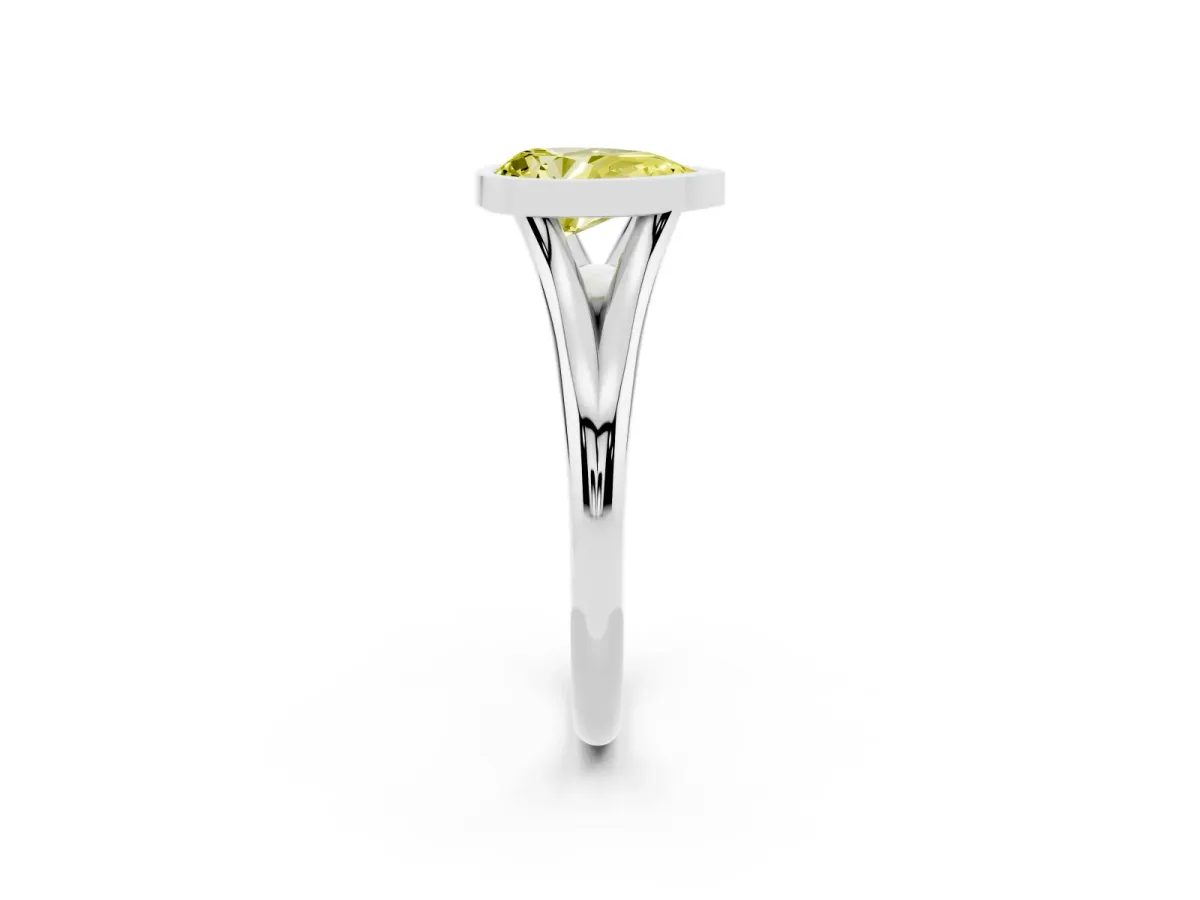 Fancy Yellow Bezel Set Pear Cut Cut Solitaire Ring with Tapered Band Silver