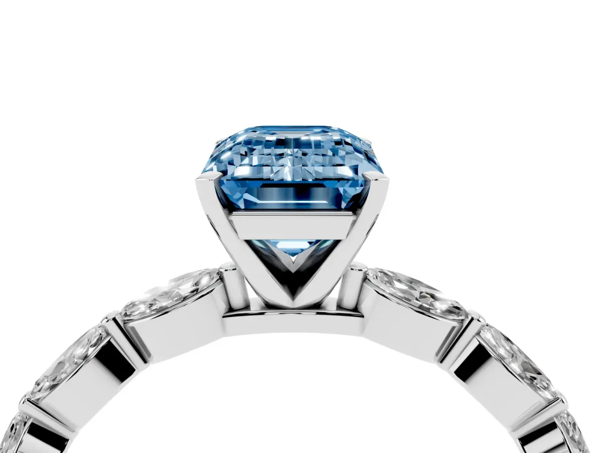 Fancy Blue Emerald Cut Diamond Ring with Marquise Side Stones and Prong Setting Platinum