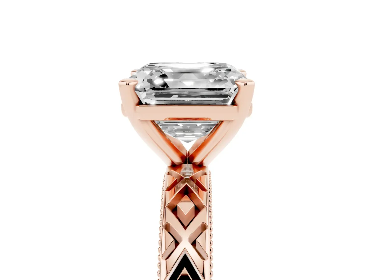 Asscher Cut Solitaire Diamond Ring with Milgrain and Black Enamel X Pattern Band Rose gold