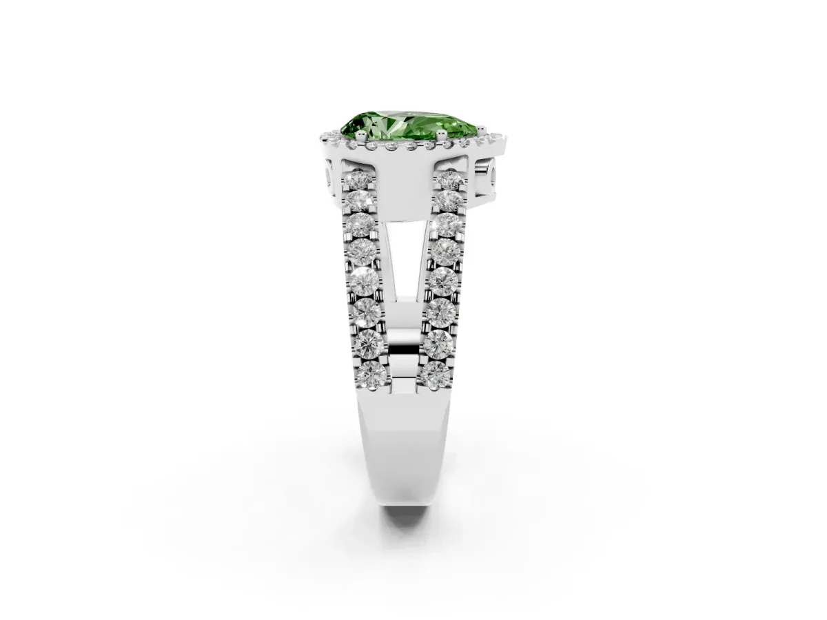 Fancy Green Pear Cut Cut Halo Split Shank Diamond Ring with Four-Prong Setting White gold