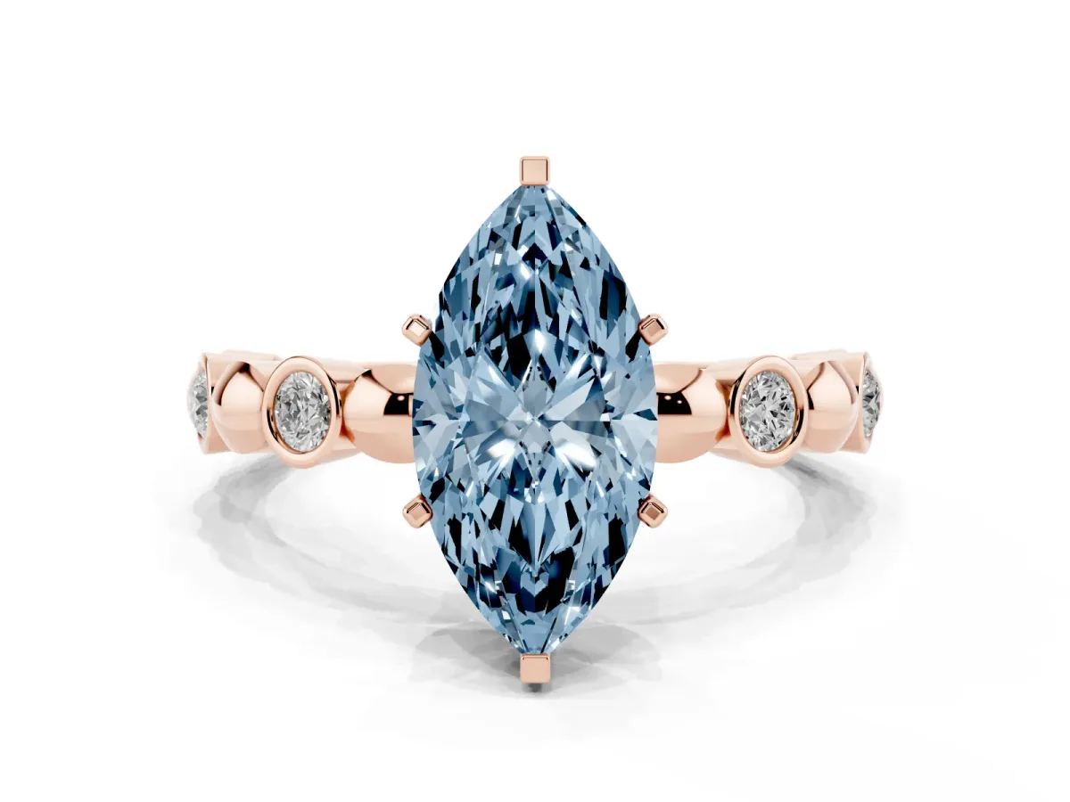 Fancy Blue Marquise Cut Solitaire Bezel-Set Diamond Ring with Beaded Band and Four-Prong Setting Rose gold