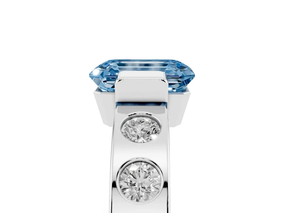 Fancy Blue Emerald Cut Brilliant Channel-Set Diamond Ring with Bezel Prong Setting Silver