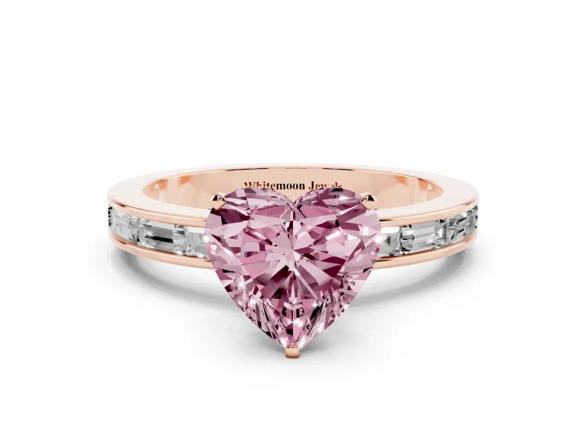 Fancy Pink Heart Cut Solitaire Diamond Ring with Channel-Set Baguette Band and Four-Prong Setting Rose gold