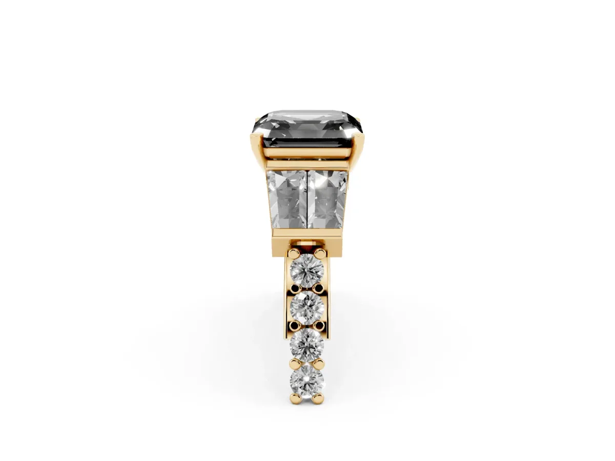 Fancy Black Asscher Cut Diamond Engagement Ring with Baguette Side Stones and Channel Set Band Yellow gold
