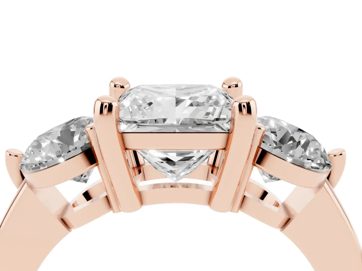 Three-Stone Princess Cut Brilliant Cut Solitaire Ring with Prong Setting on a Classic Band Rose gold