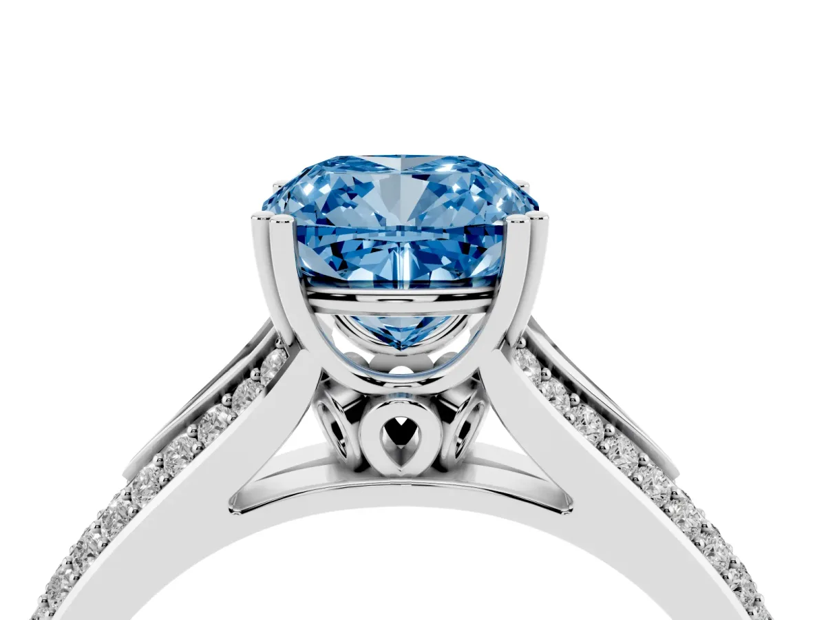 Fancy Blue Cushion Cut Diamond Split Shank Engagement Ring with Pavé Band Silver