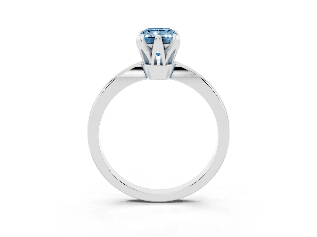 Fancy Blue Emerald Cut Solitaire Engagement Ring with Six-Prong Setting and Tapered Band Silver