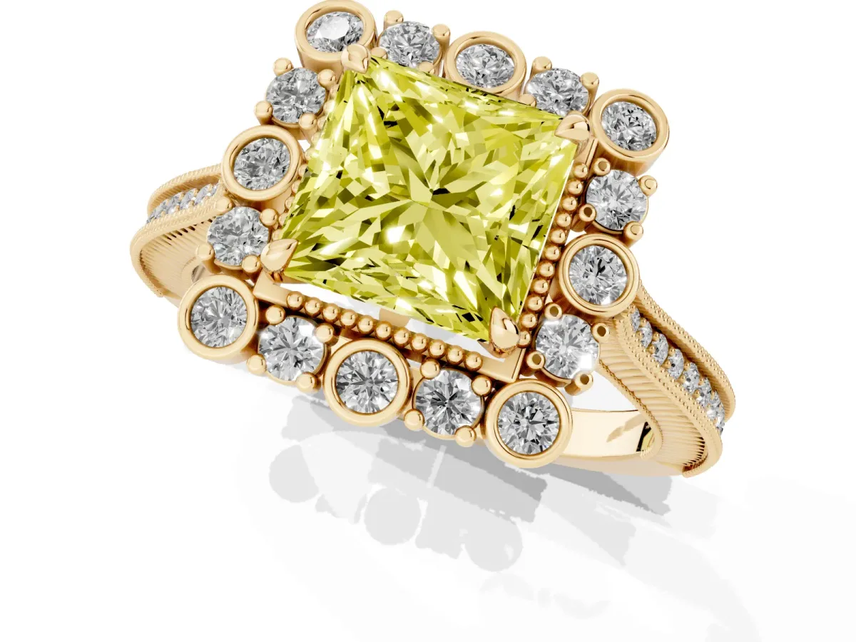 Fancy Yellow Princess Cut Halo Milgrain Pave Diamond Ring with Four-Prong Setting Yellow gold