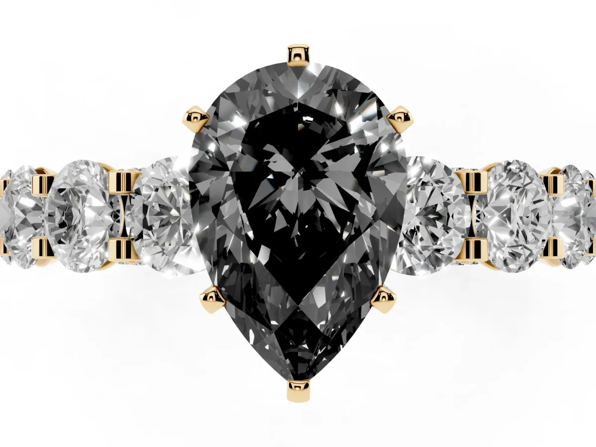 Fancy Black Pear Cut Diamond Side Stone Engagement Ring with Four-Prong Setting Yellow gold