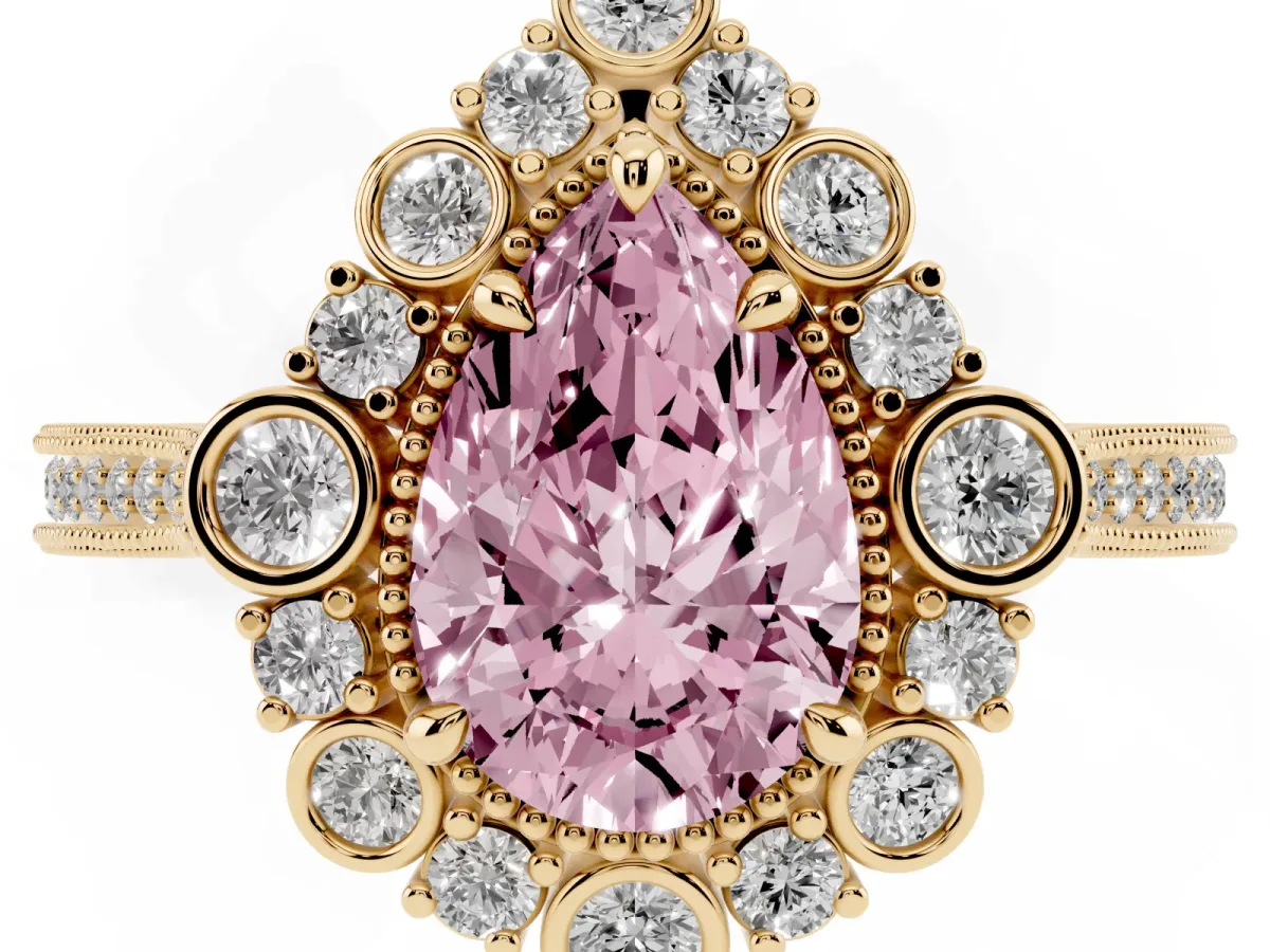 Fancy Pink Pear Cut Halo Milgrain Pave Diamond Ring with Four-Prong Setting Yellow gold