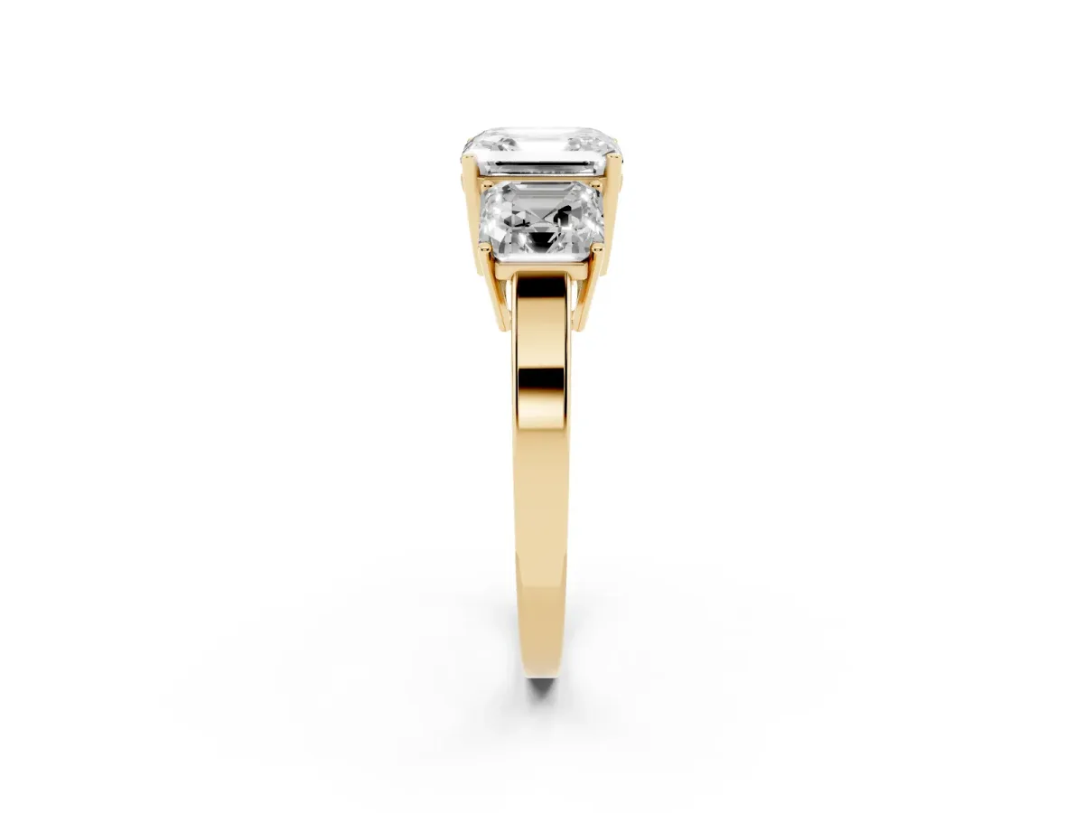 Three-Stone Asscher Cut Cut Diamond Engagement Ring with Flat Band and Four-Prong Setting Yellow gold