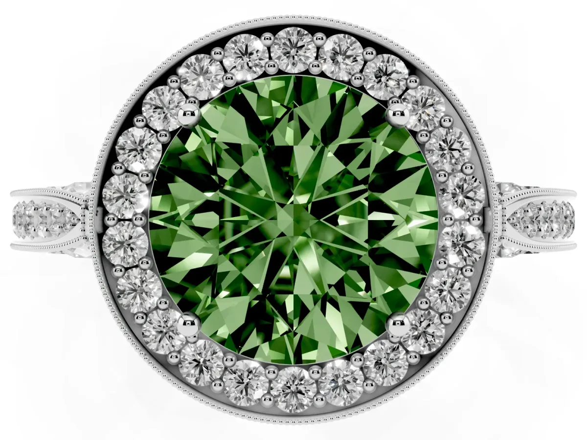 Fancy Green Round Cut Halo Diamond Engagement Ring with Split Shank Band and Four-Prong Setting Silver