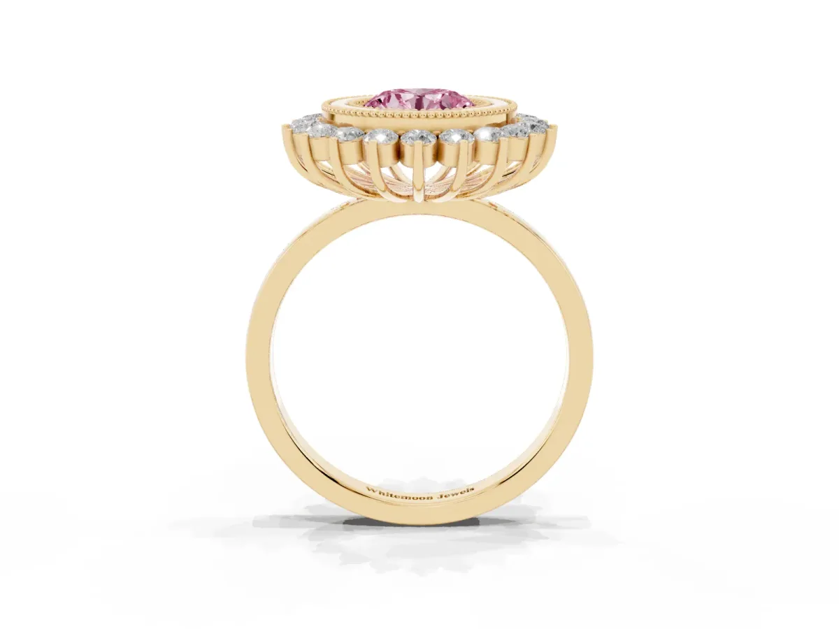 Fancy Pink Round Cut Halo Diamond Ring with Milgrain Edge and Round Prong Setting Yellow gold