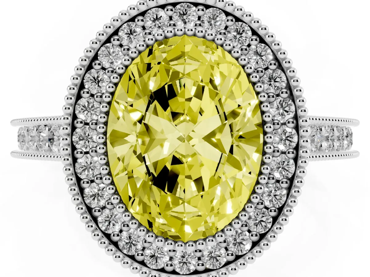 Fancy Yellow Halo Oval Cut-Cut Diamond Pave Band Milgrain Prong Setting Ring Silver