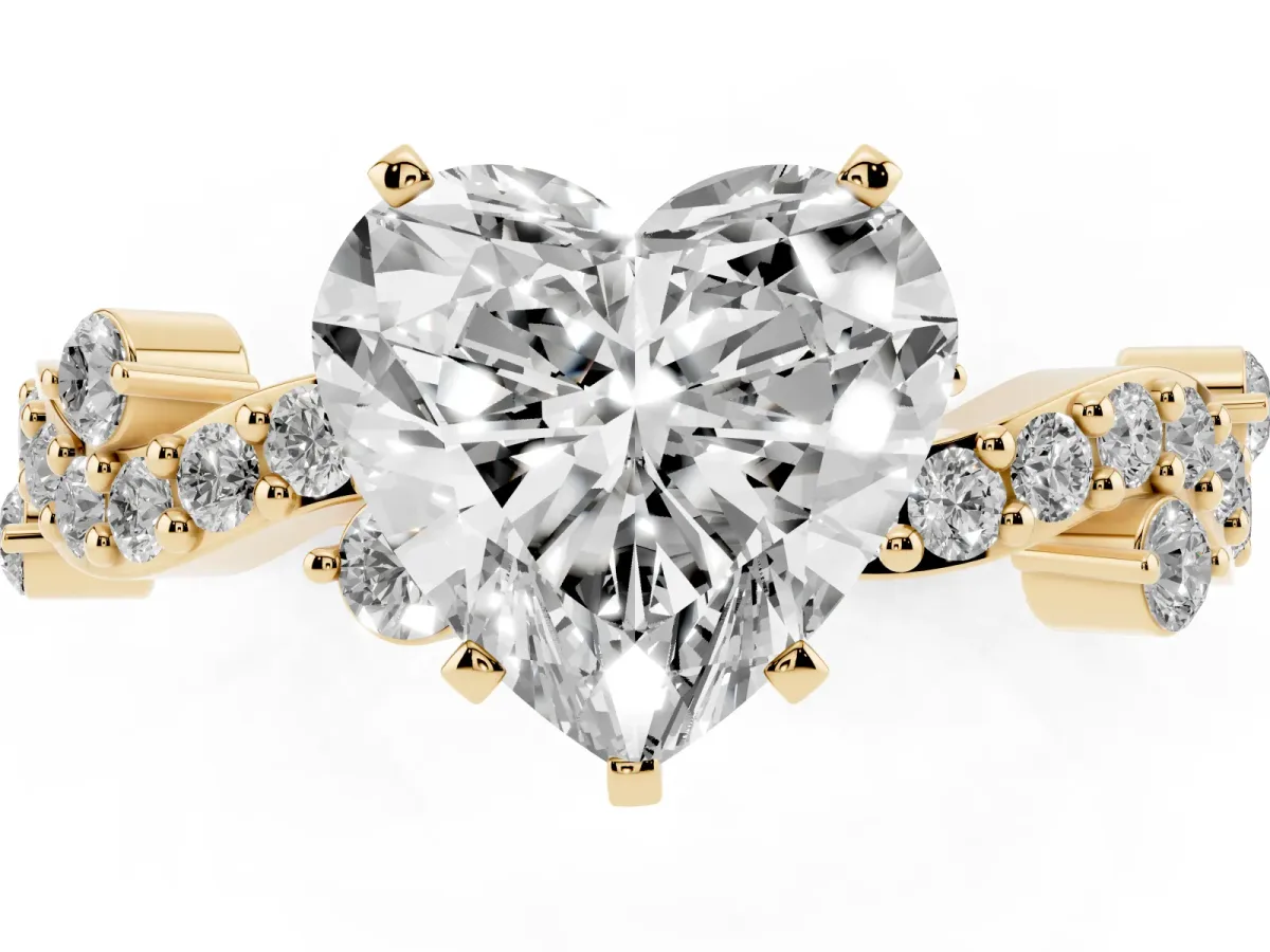 Heart Cut Cut Solitaire Diamond Twisted Band with Pave Setting Yellow gold