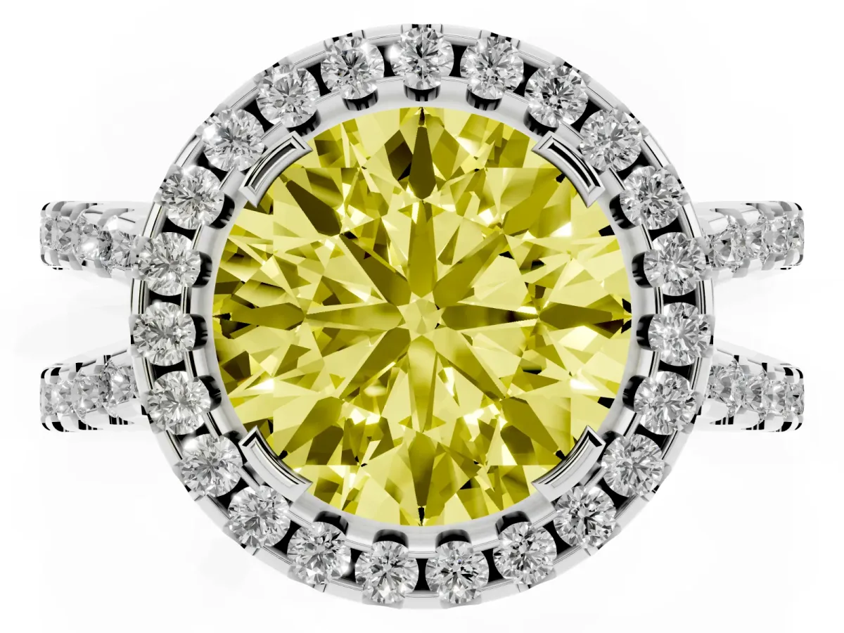 Fancy Yellow Round Cut Diamond Halo Ring with Split Shank Pavé Band and Prong Setting Silver
