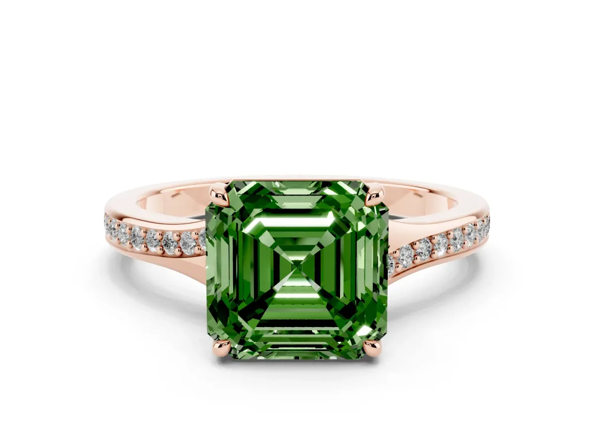 Fancy Green Asscher Cut Diamond Solitaire Ring with Pavé Band and Prong Setting Rose gold