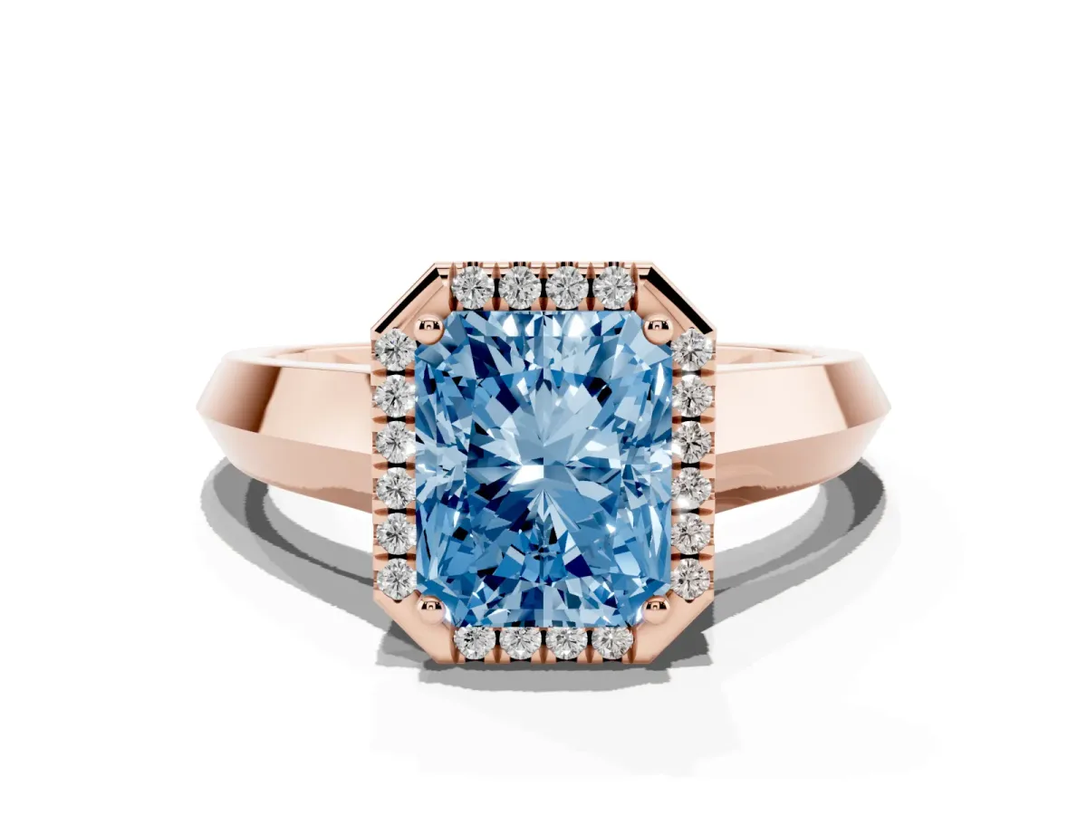 Fancy Blue Radiant Cut Halo Diamond Ring with Cathedral Band and Four-Prong Setting Rose gold