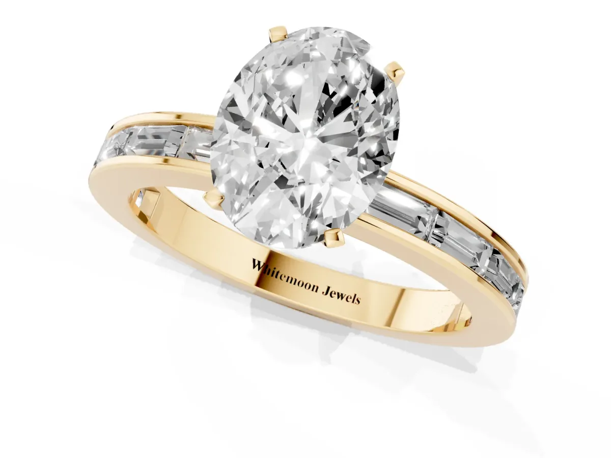 Oval Cut Solitaire Diamond Ring with Channel-Set Baguette Band and Four-Prong Setting Yellow gold