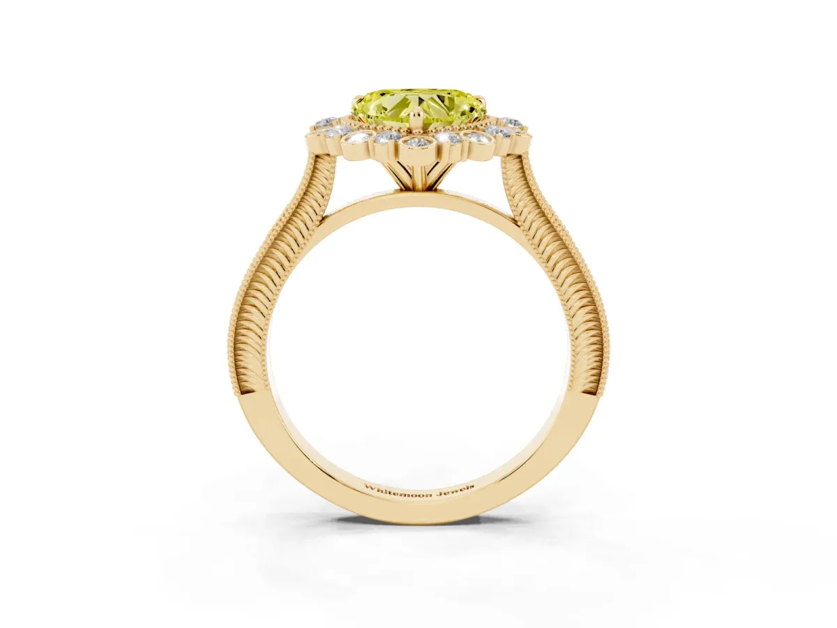 Fancy Yellow Heart Cut Halo Milgrain Pave Diamond Ring with Four-Prong Setting Yellow gold