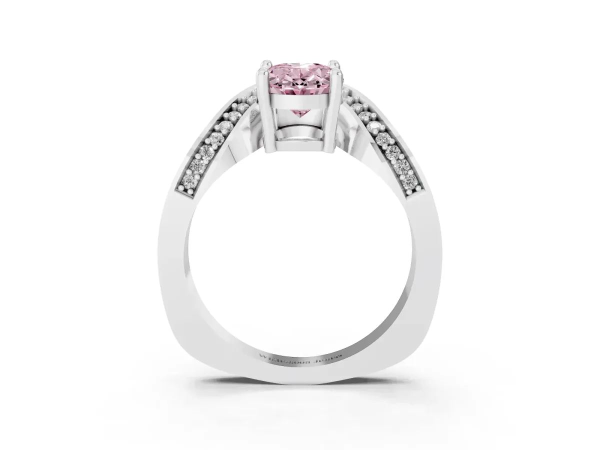 Fancy Pink Oval Cut Solitaire Diamond Engagement Ring with Pave Band and Four-Prong Setting Silver