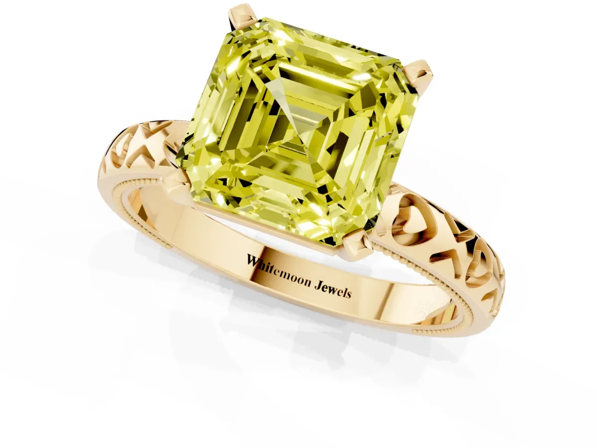 Fancy Yellow Asscher Cut Solitaire Diamond Engagement Ring with XO Engraved Band and Four-Prong Setting Yellow gold