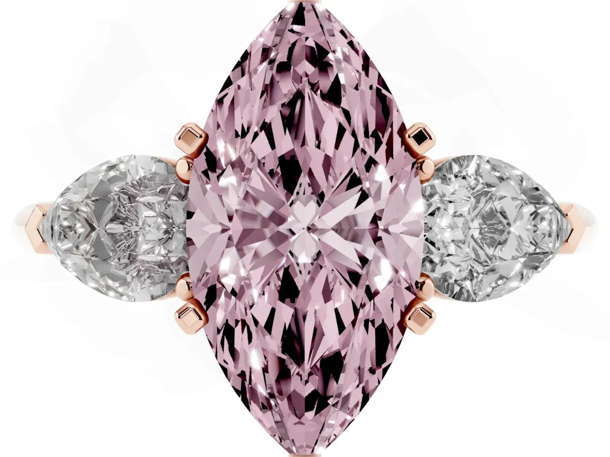 Fancy Pink Three-Stone Marquise Cut Diamond Ring with Pear Side Stones and Four-Prong Setting Rose gold