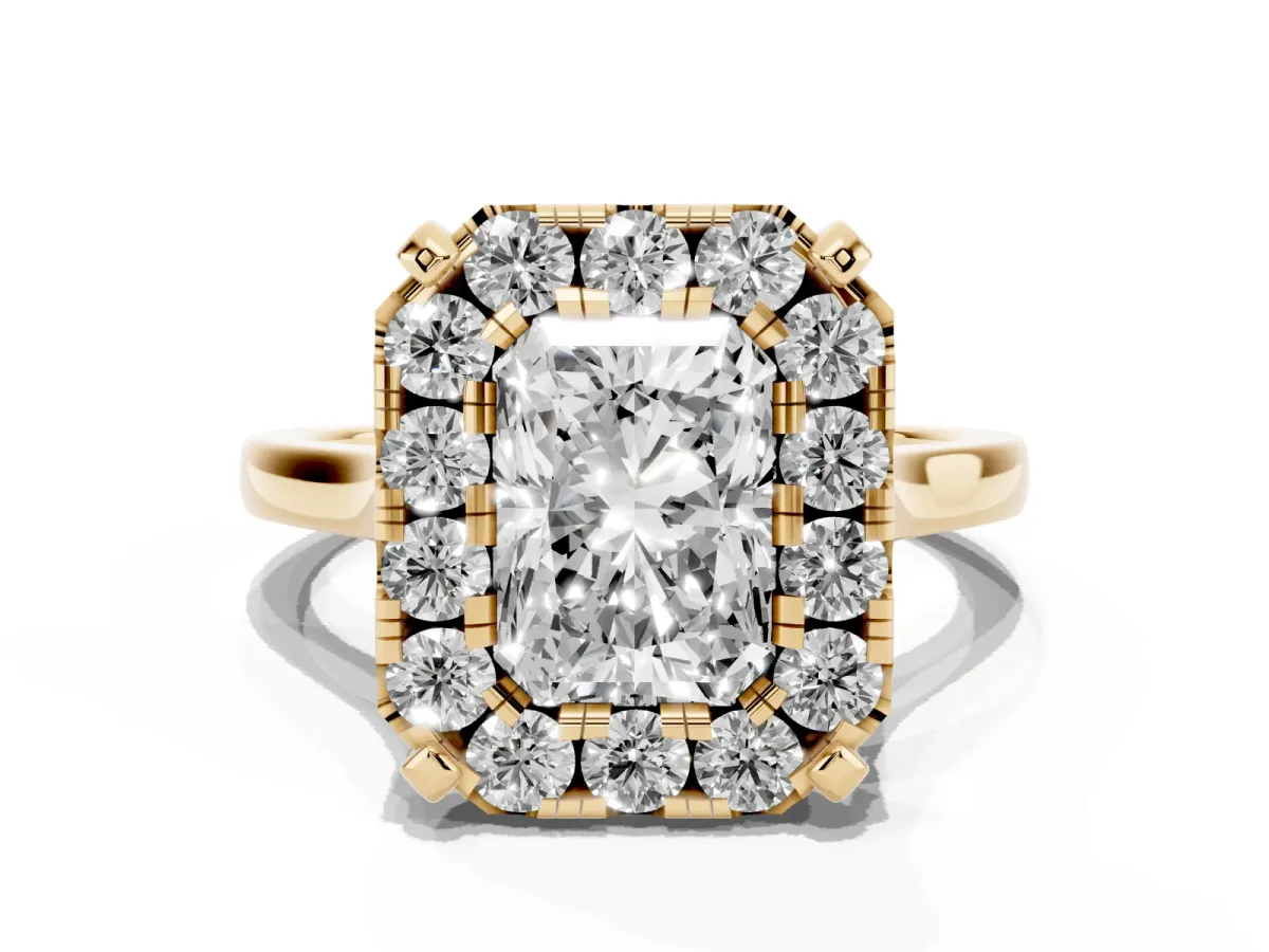 Radiant Cut Diamond Cluster Halo Solitaire with Four-Prong Setting Yellow gold