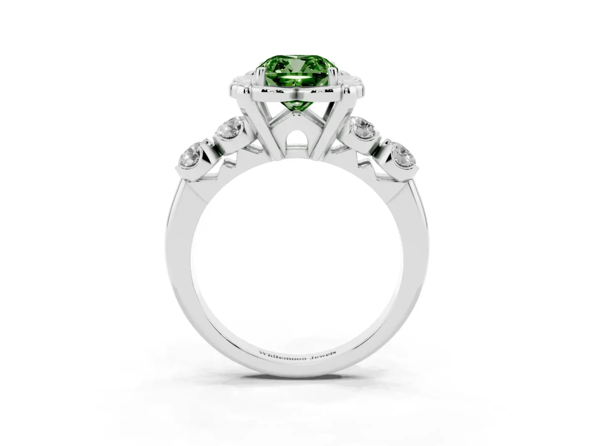 Fancy Green Cushion Cut Cut Diamond Floral Halo Engagement Ring with Shared Prong Setting White gold