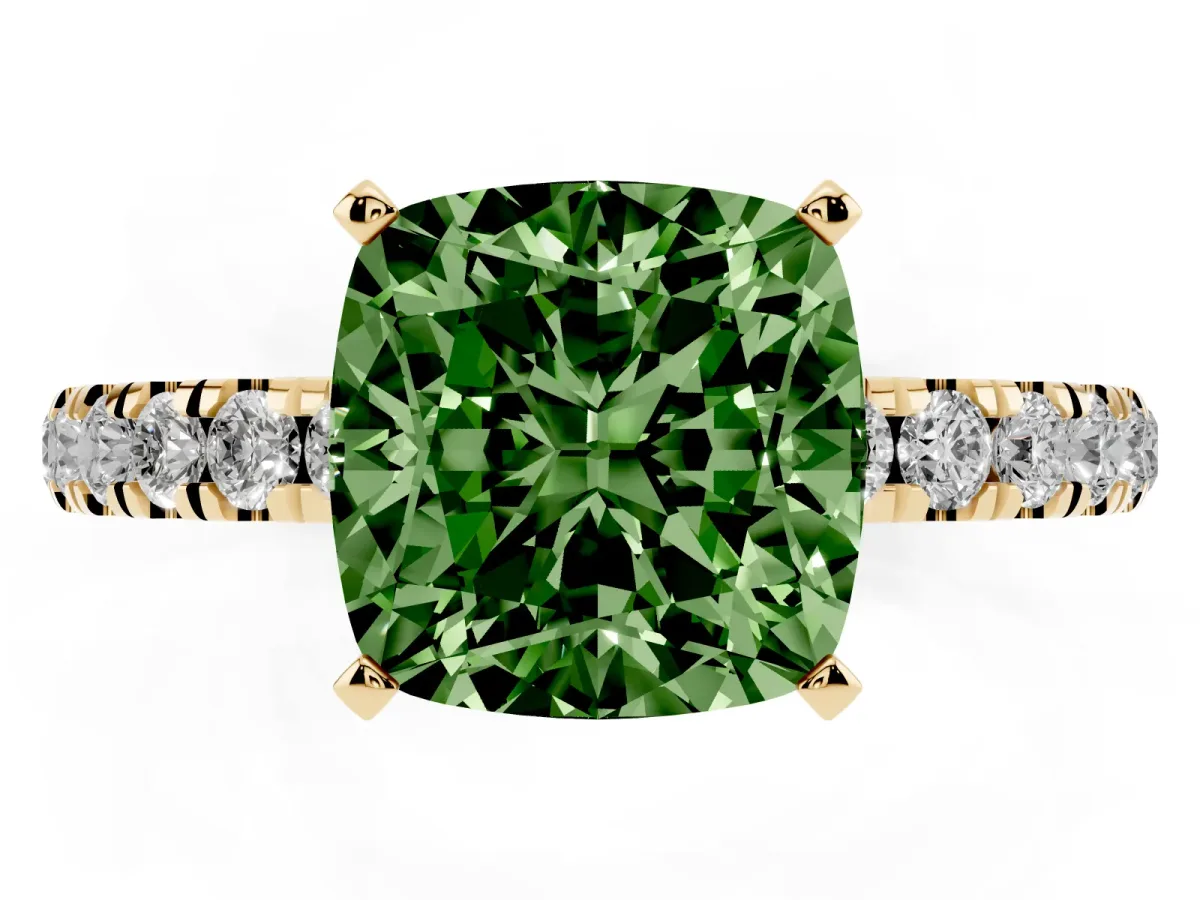 Fancy Green Cushion Cut Diamond Solitaire Ring with Pavé Accents and Four-Prong Setting Yellow gold