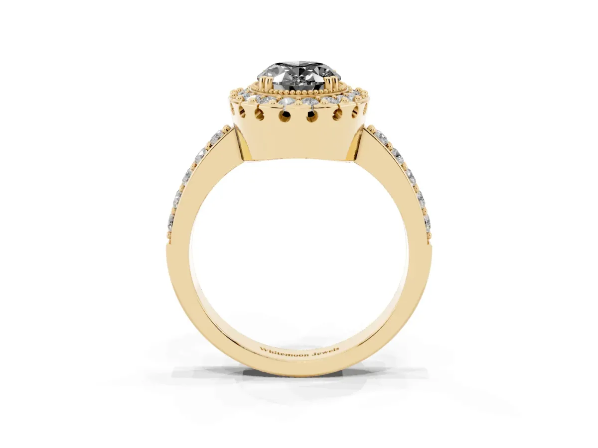 Fancy Black Oval Cut Diamond Halo Ring with Pavé Band and Prong Setting Yellow gold