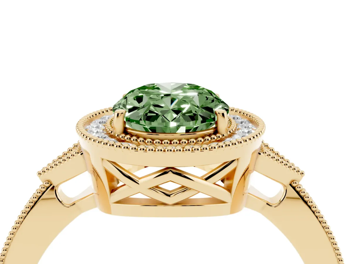 Fancy Green Oval Cut Halo Round Diamond Milgrain Pave Engagement Ring Yellow gold