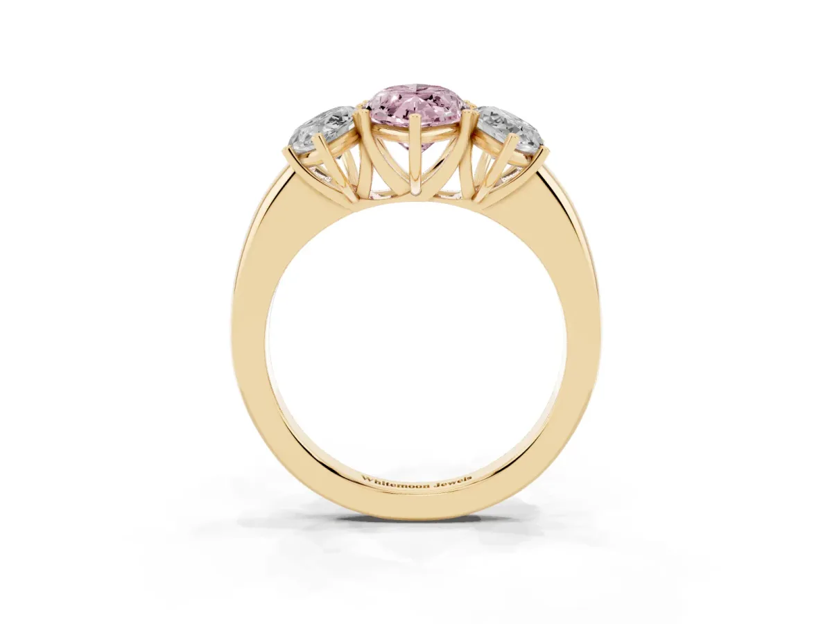 Fancy Pink Marquise Cut Diamond Three-Stone Ring with Four-Prong Setting and Classic Band Yellow gold