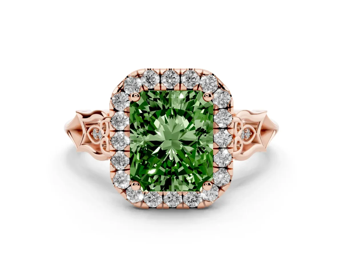 Fancy Green Radiant Cut Halo Diamond Engagement Ring with Filigree Band and Four-Prong Setting Rose gold