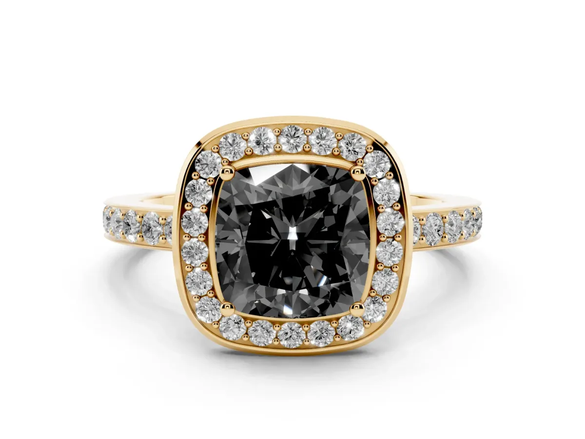 Fancy Black Cushion Cut Diamond Halo Ring with Bezel Frame and Pavé Band Yellow gold