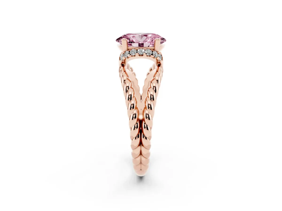 Fancy Pink Oval Cut Halo Twisted Band Four-Prong Ring Rose gold