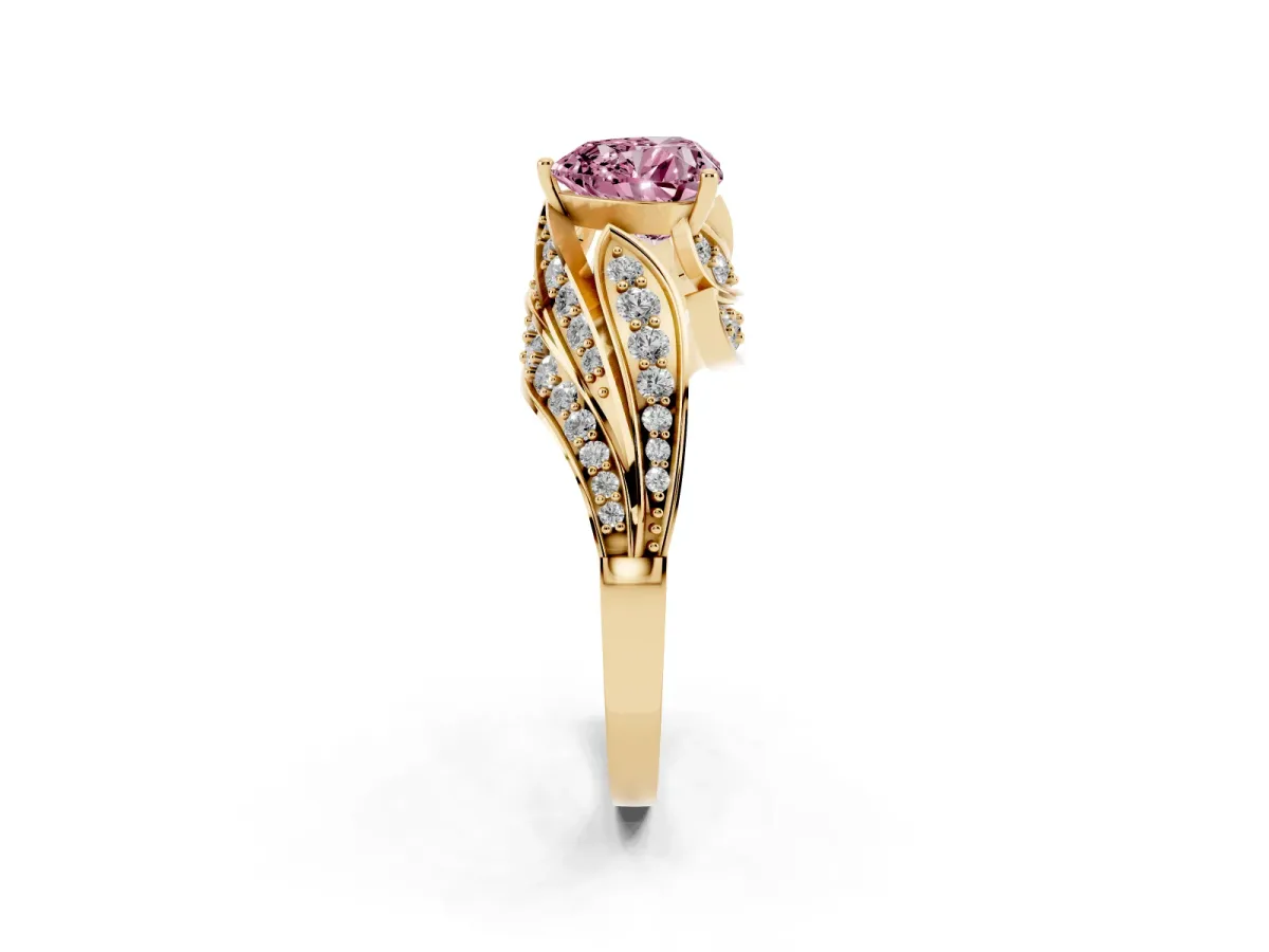 Fancy Pink Heart Cut Diamond Solitaire Ring with Prong Setting and Twisted Pavé Band Yellow gold