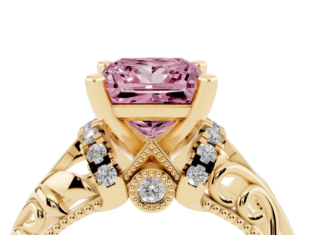 Fancy Pink Princess Cut Solitaire Filigree Engagement Ring with Halo and Prong Setting Yellow gold