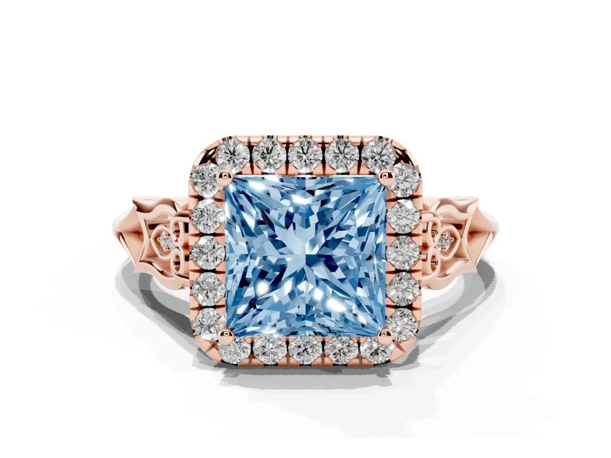 Fancy Blue Princess Cut Halo Diamond Engagement Ring with Filigree Band and Four-Prong Setting Rose gold