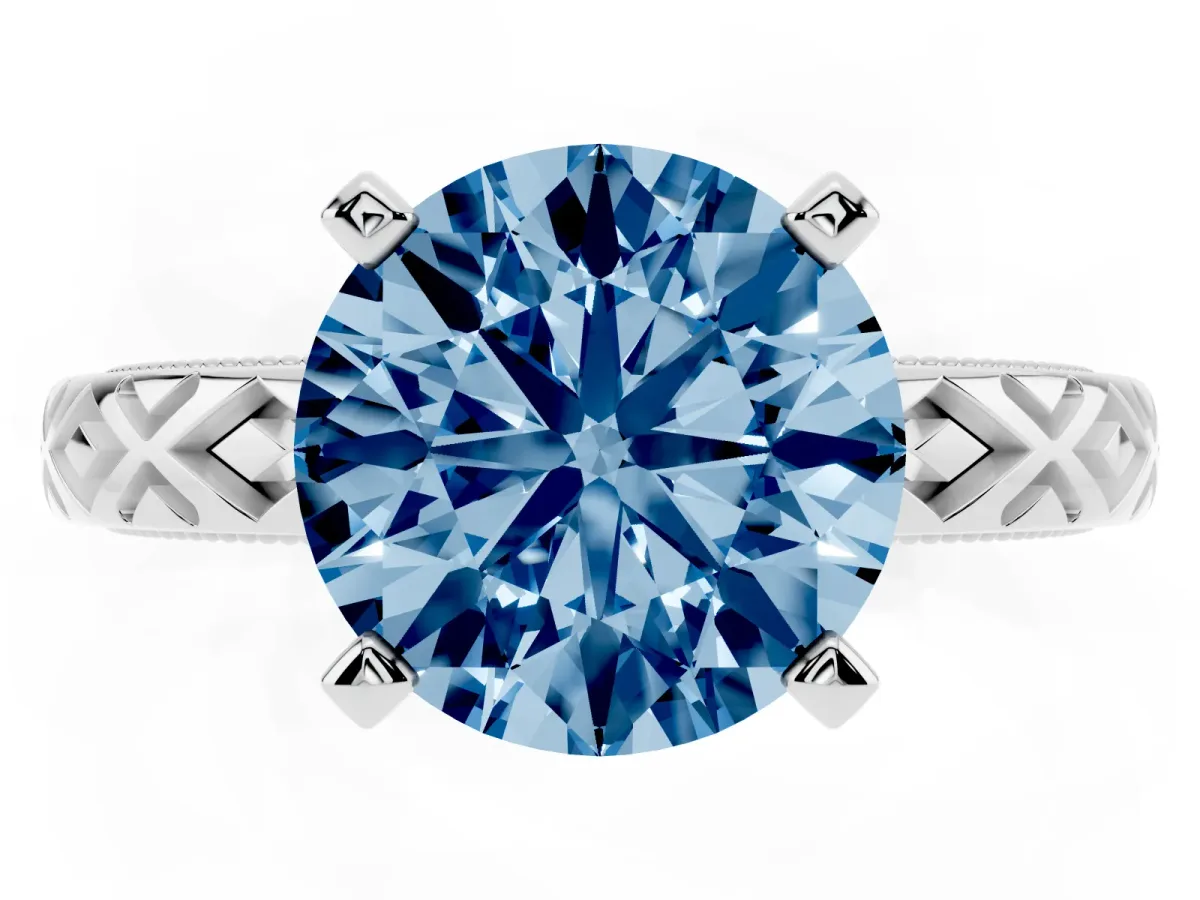 Fancy Blue Round Cut Solitaire Diamond Ring with Milgrain and Black Enamel X Pattern Band Silver