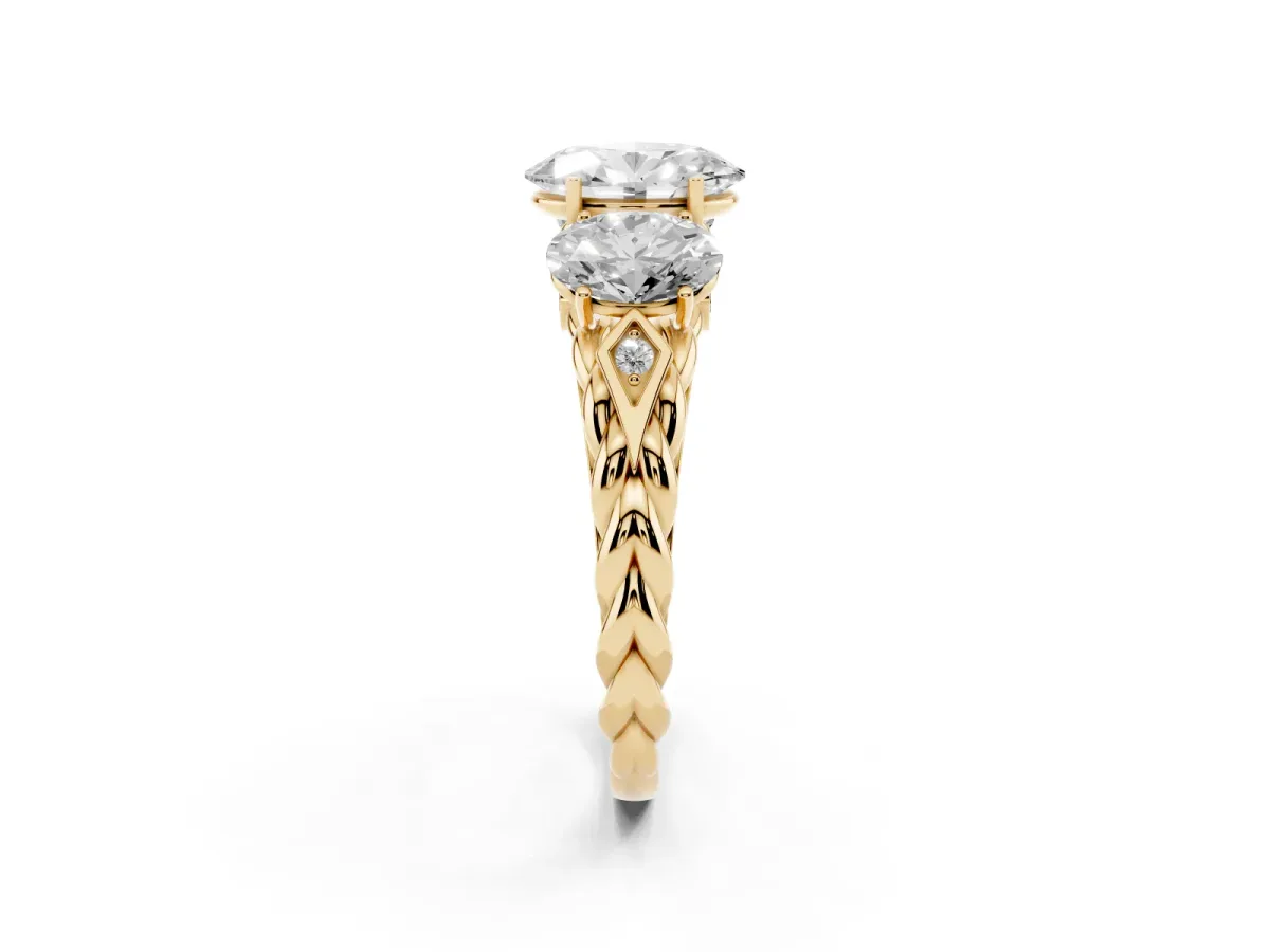 Three-Stone Oval Cut Diamond Braided Band Ring with Four-Prong Setting Yellow gold