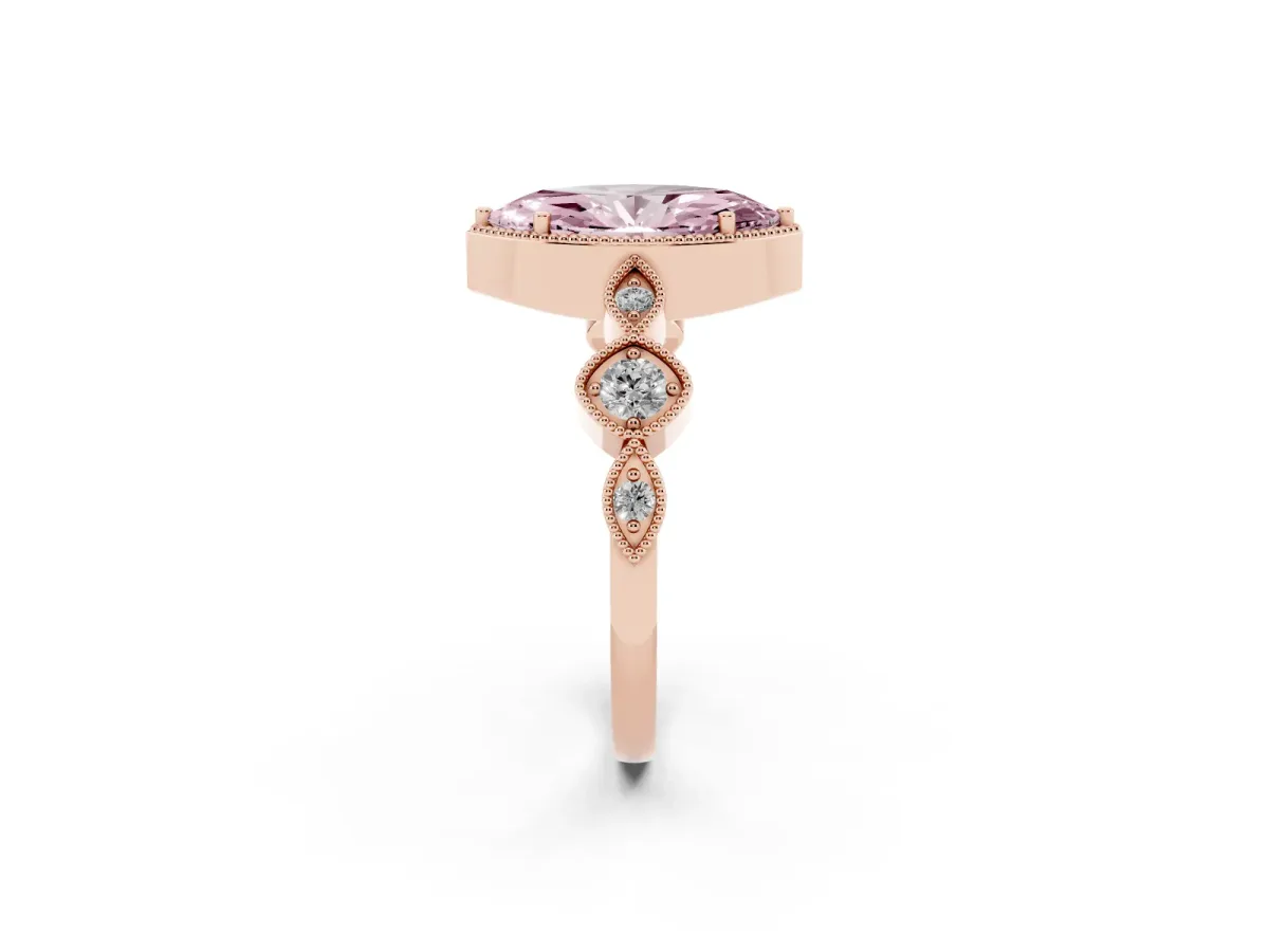 Fancy Pink Marquise Cut Diamond Vintage Milgrain Ring with Round Stations Rose gold